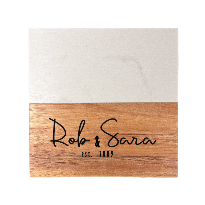 Classic Marble and Wood Engraved Coaster Set of 4