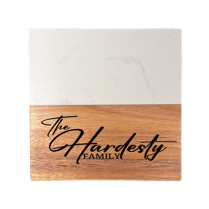 Family Affair Marble and Wood Engraved Coaster Set of 4
