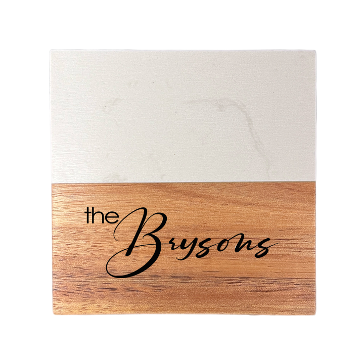 Neighbors Marble and Wood Engraved Coaster Set of 4
