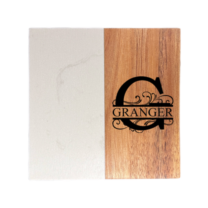 Entwined Monogram Marble and Wood Engraved Coaster