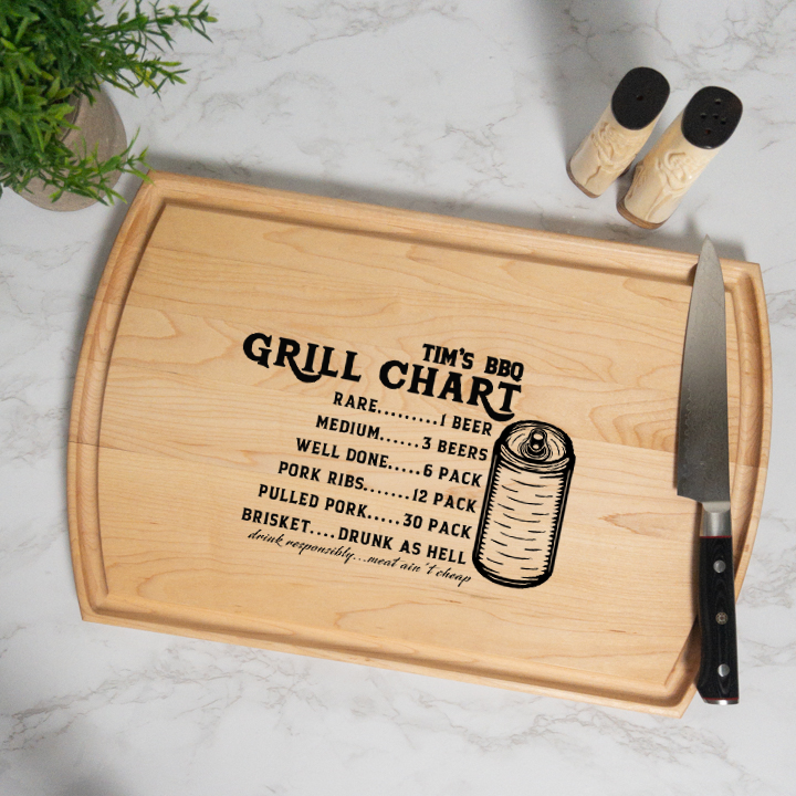 BBQ Grill Chart Personalized Cutting Board with Juice Groove