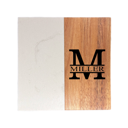 Modern Monogram Marble and Wood Engraved Coaster