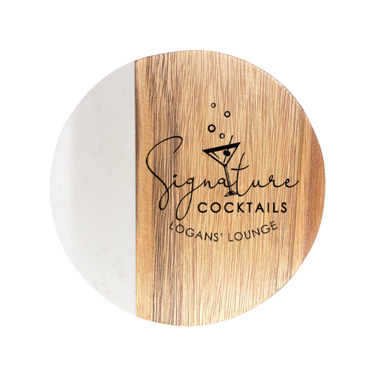 Signature Cocktails Marble and Wood Engraved Coaster