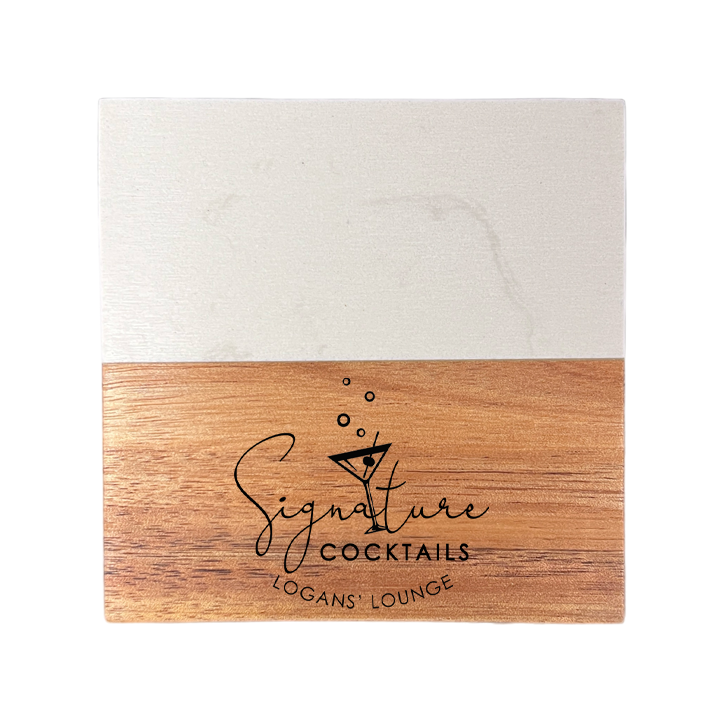 Signature Cocktails Marble and Wood Engraved Coaster